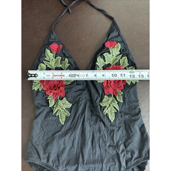 Forever 21 Black Floral Embroidered Halter Bodysuit Womens S - Picture 6 of 6